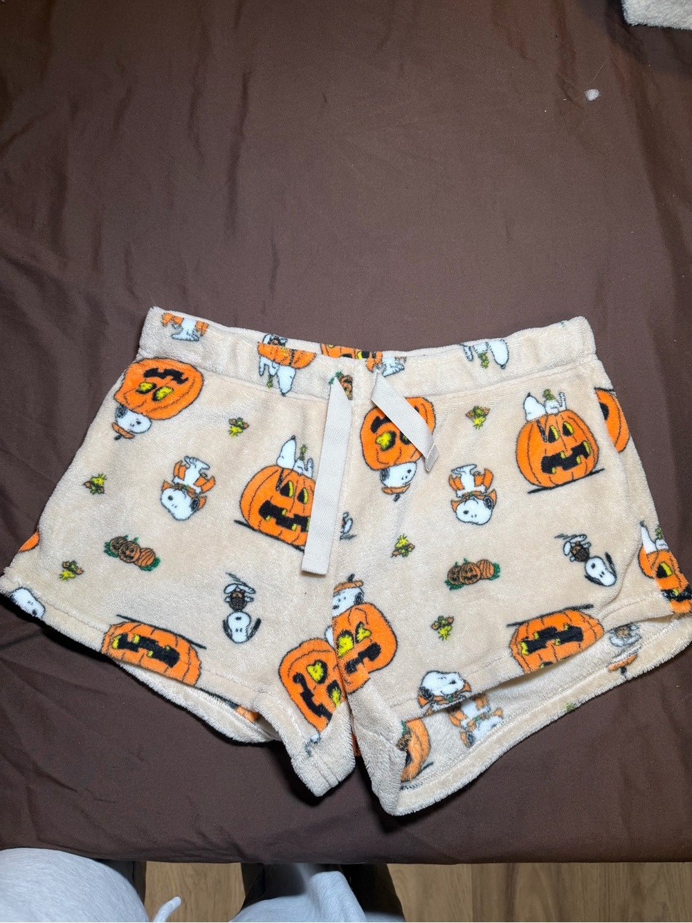 Peanuts Cream & Orange Halloween Pumpkin Plush Lounge Shorts